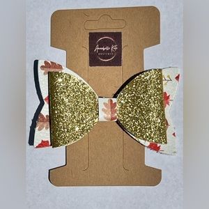 Boutique Custom Made Faux Leather Fall Design with Gold Glitter Hair Bow